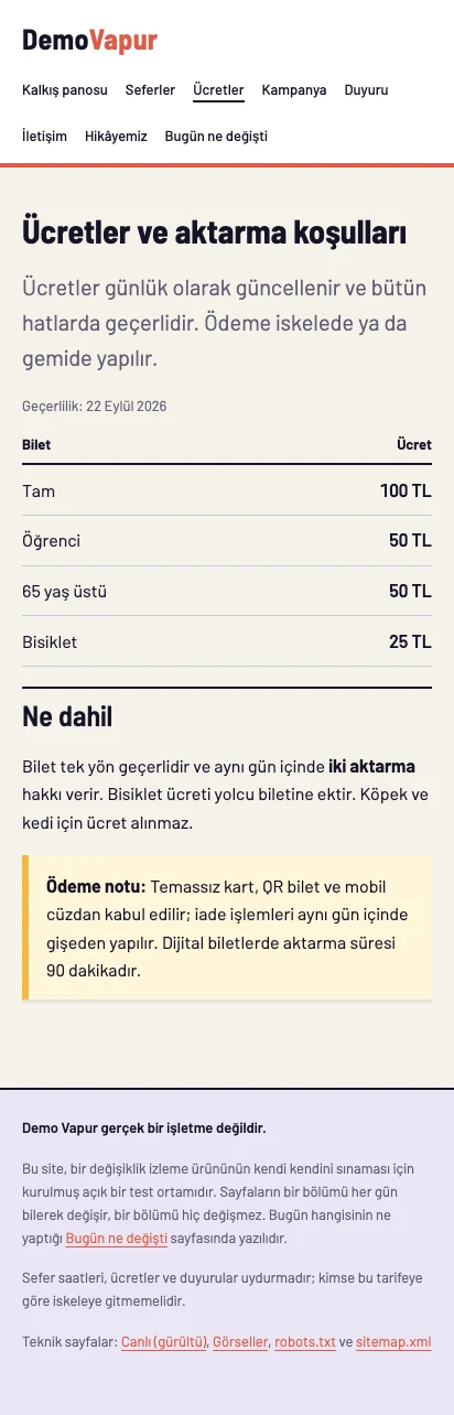 Demo Vapur fares page on 22 September 2026: full ticket 100 TL